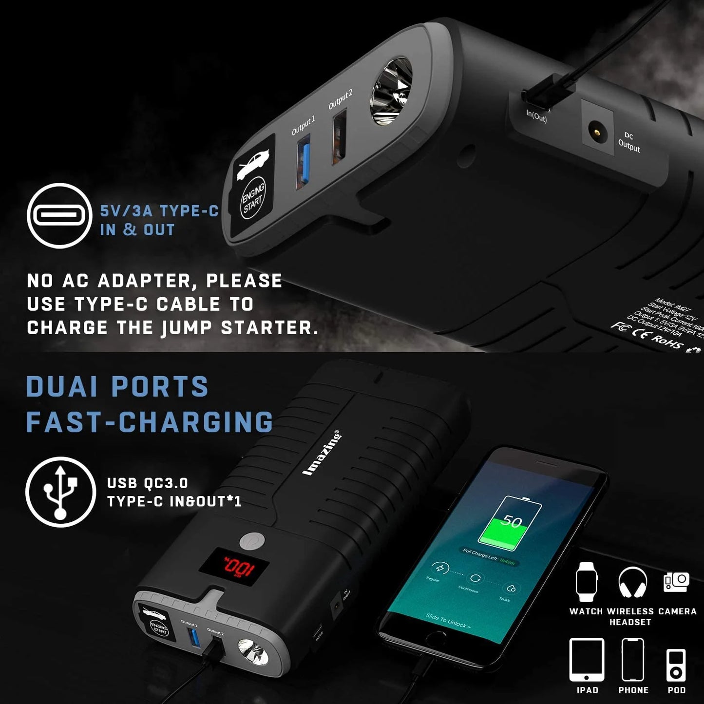 Imazing Portable Car Jump Starter 2000A Peak 18000mAH, 12V Auto Battery Booster Portable Power Pack with LCD Display Jumper Cables, QC 3.0 and LED Light (1102812)