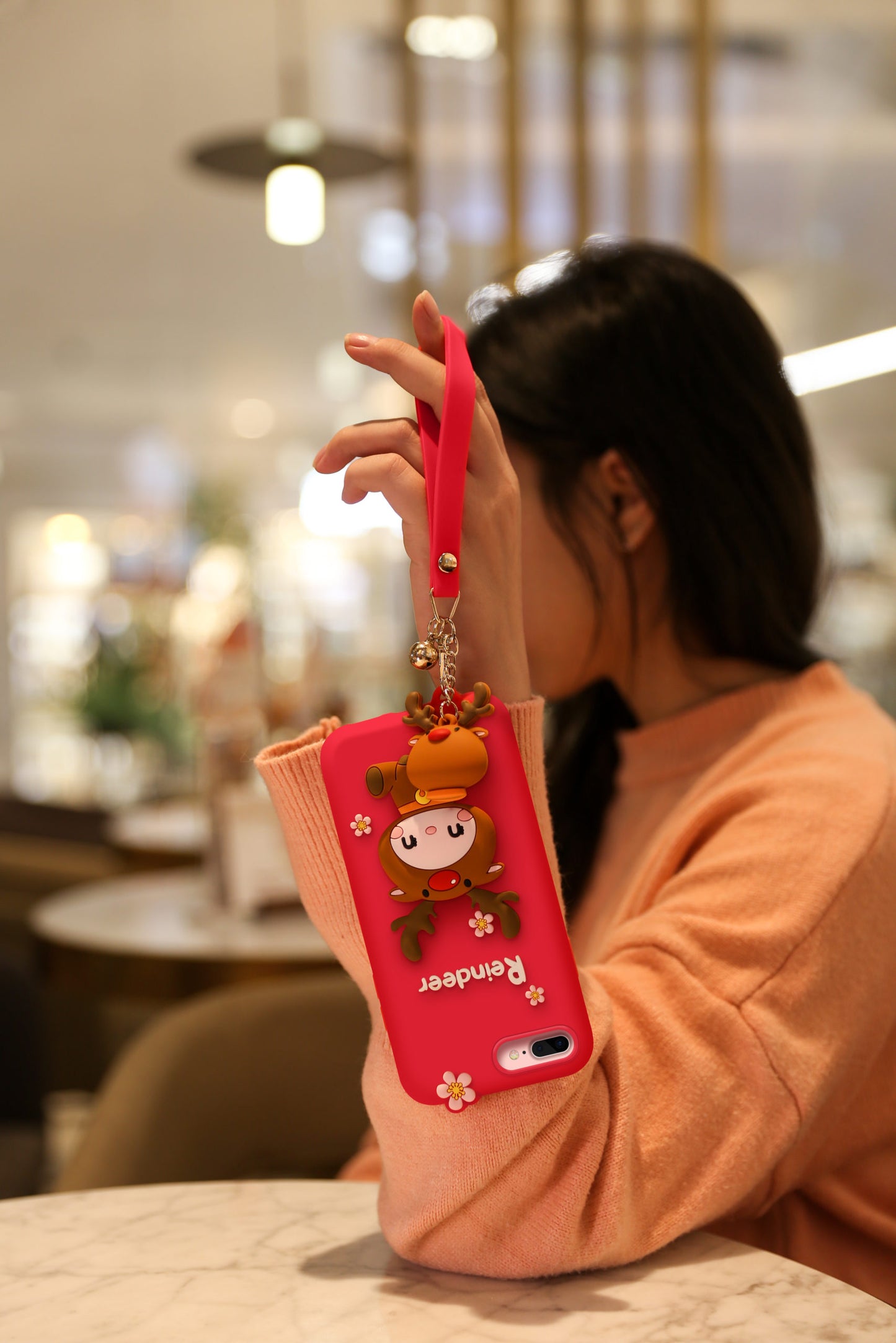 LOFTER Nice Girls Phone Cases A Gift Set Covers Cute 3D Reindeer Flower Silicone TPU Wrist Lanyard Strap For iPhone 7/8 (4813)