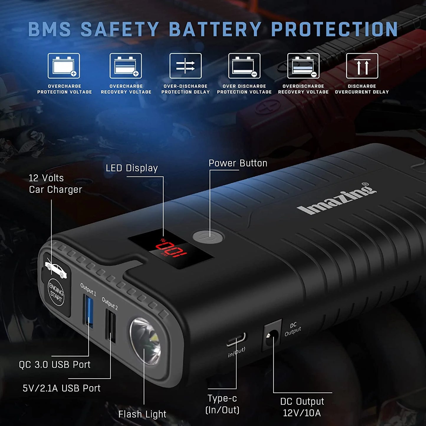 Imazing Portable Car Jump Starter 2000A Peak 18000mAH, 12V Auto Battery Booster Portable Power Pack with LCD Display Jumper Cables, QC 3.0 and LED Light (1102812)