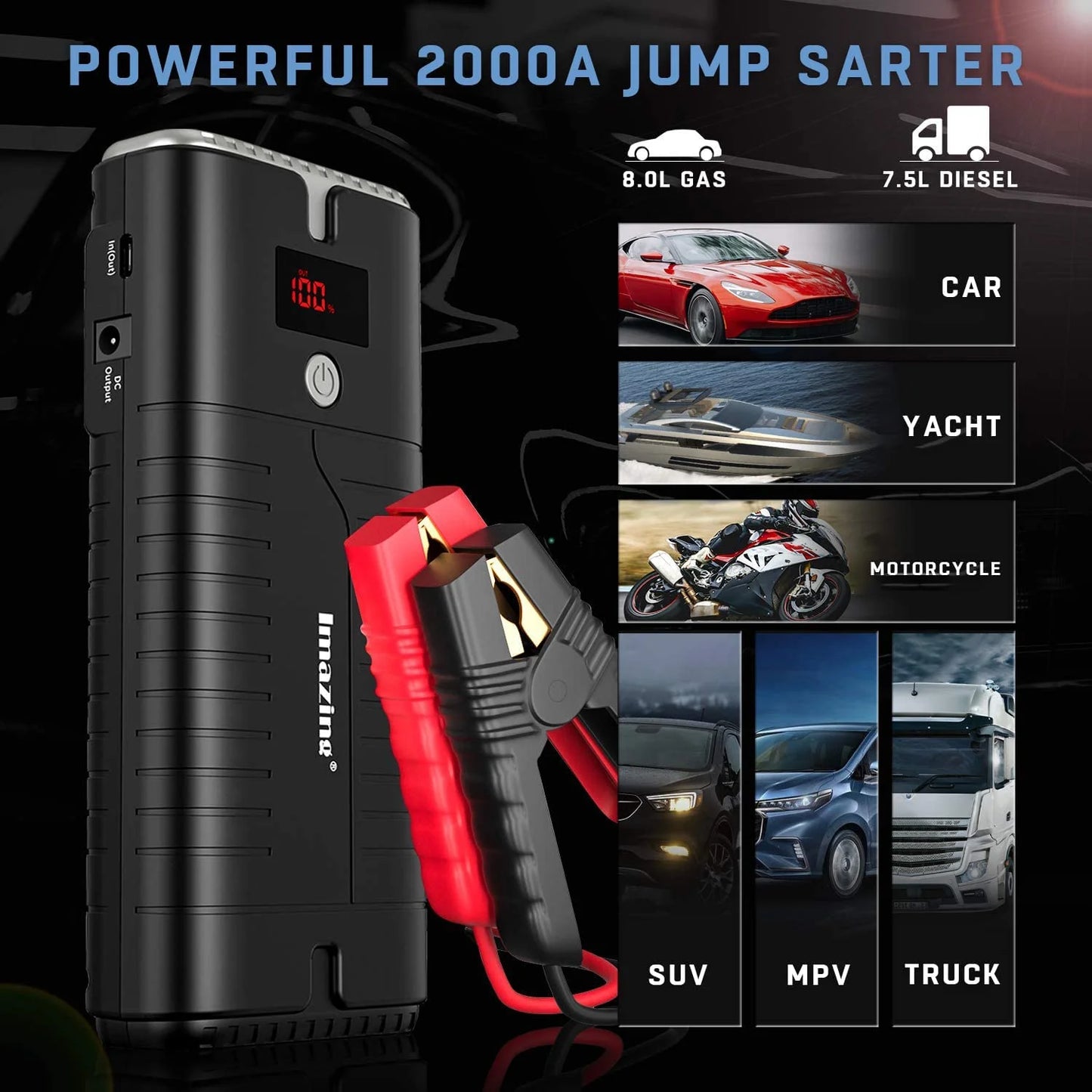 Imazing Portable Car Jump Starter 2000A Peak 18000mAH, 12V Auto Battery Booster Portable Power Pack with LCD Display Jumper Cables, QC 3.0 and LED Light (1102812)