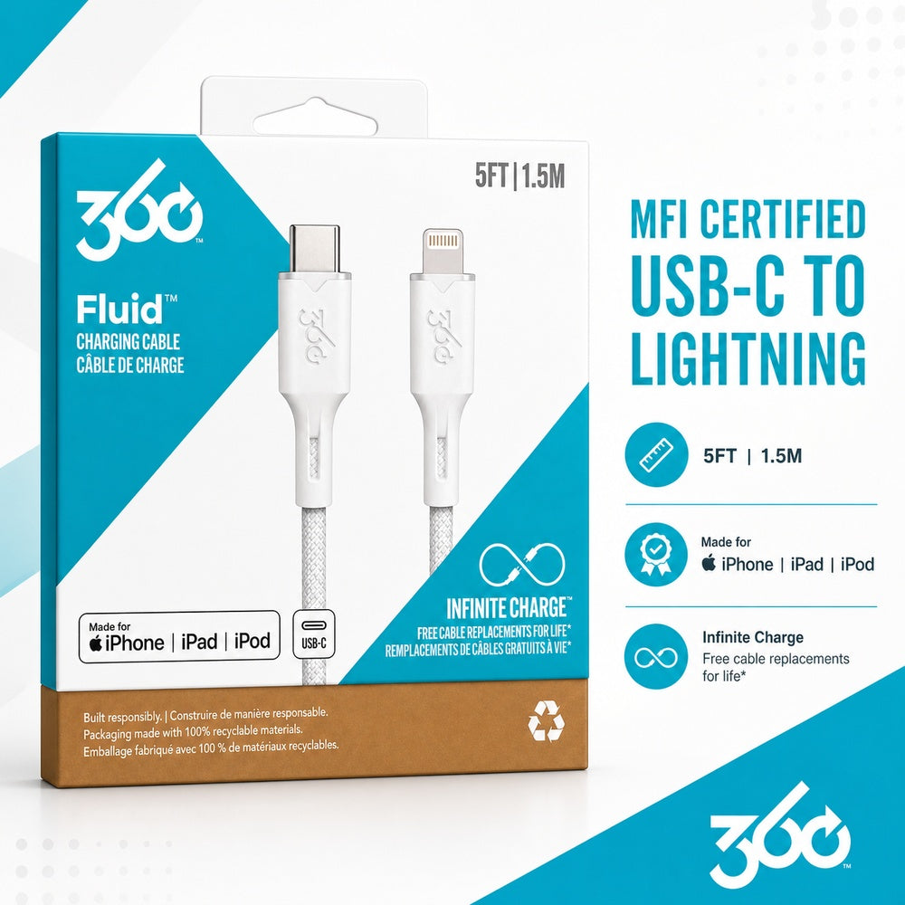 360 Fluid USB-C to MFi Lightning Braided Charging Cable 5ft Granite - WHITE ( 1107990) (MSRP $49.99)