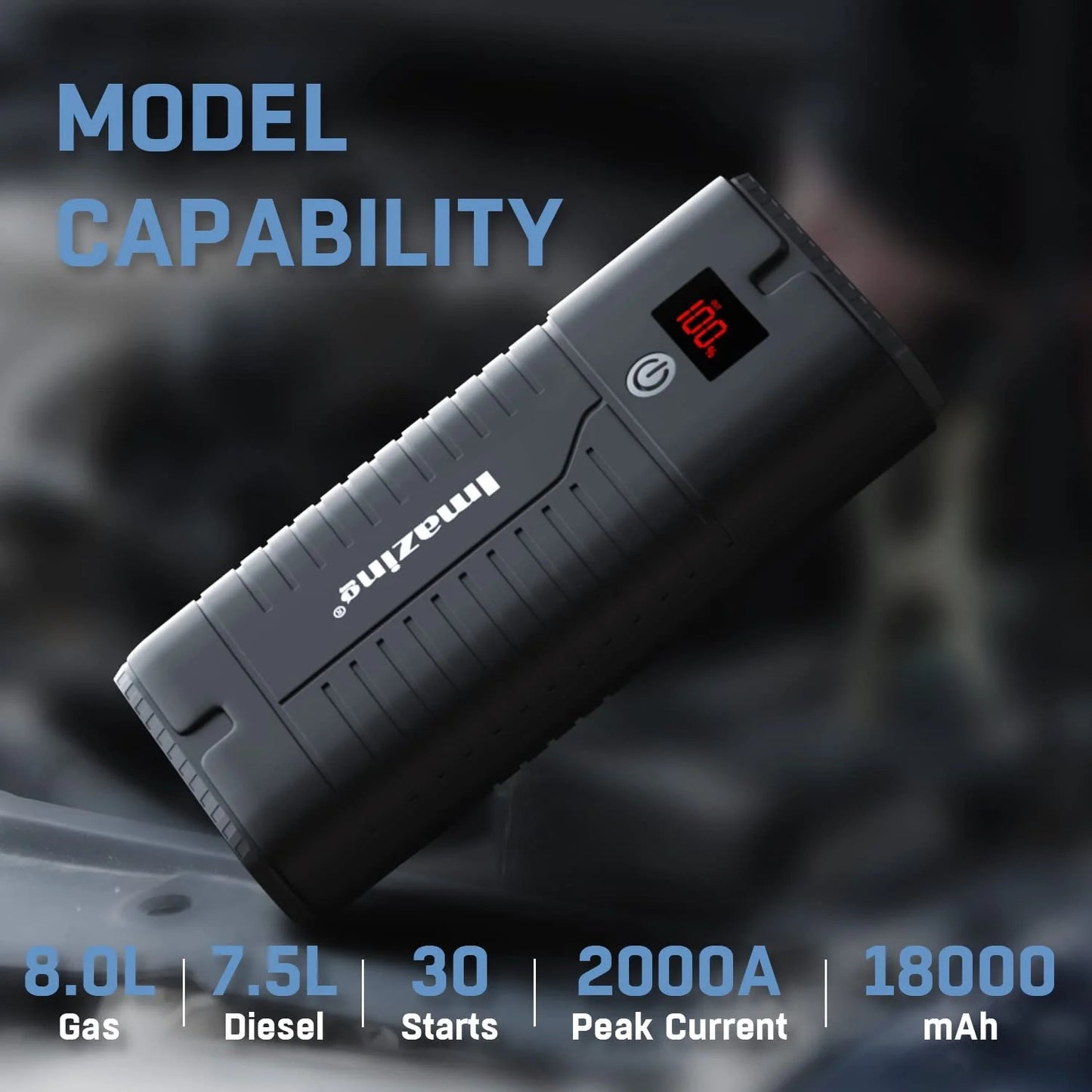 Imazing Portable Car Jump Starter 2000A Peak 18000mAH, 12V Auto Battery Booster Portable Power Pack with LCD Display Jumper Cables, QC 3.0 and LED Light (1102812)