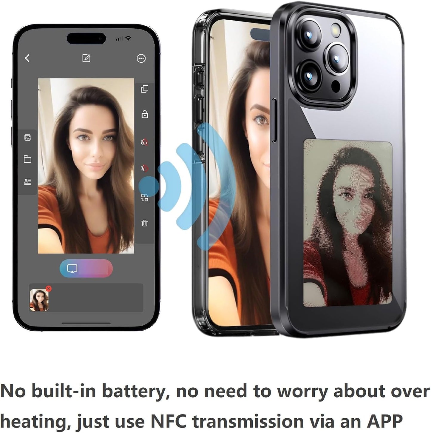 Smart Ink Screen Phone Case with 4 Color E-Ink Display Picture, Easy to APP DIY Your Favorite Photos, No Power Consumption NFC Phone Case for 14 Pro Max - Black (1102596)