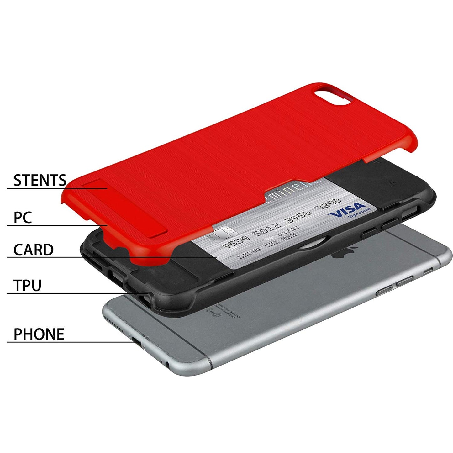 iPhone 7/8 Ultra Thin Dual Layer Armor Hybrid PC+Soft TPU Card Slot Holder Cover Case - Red (30)