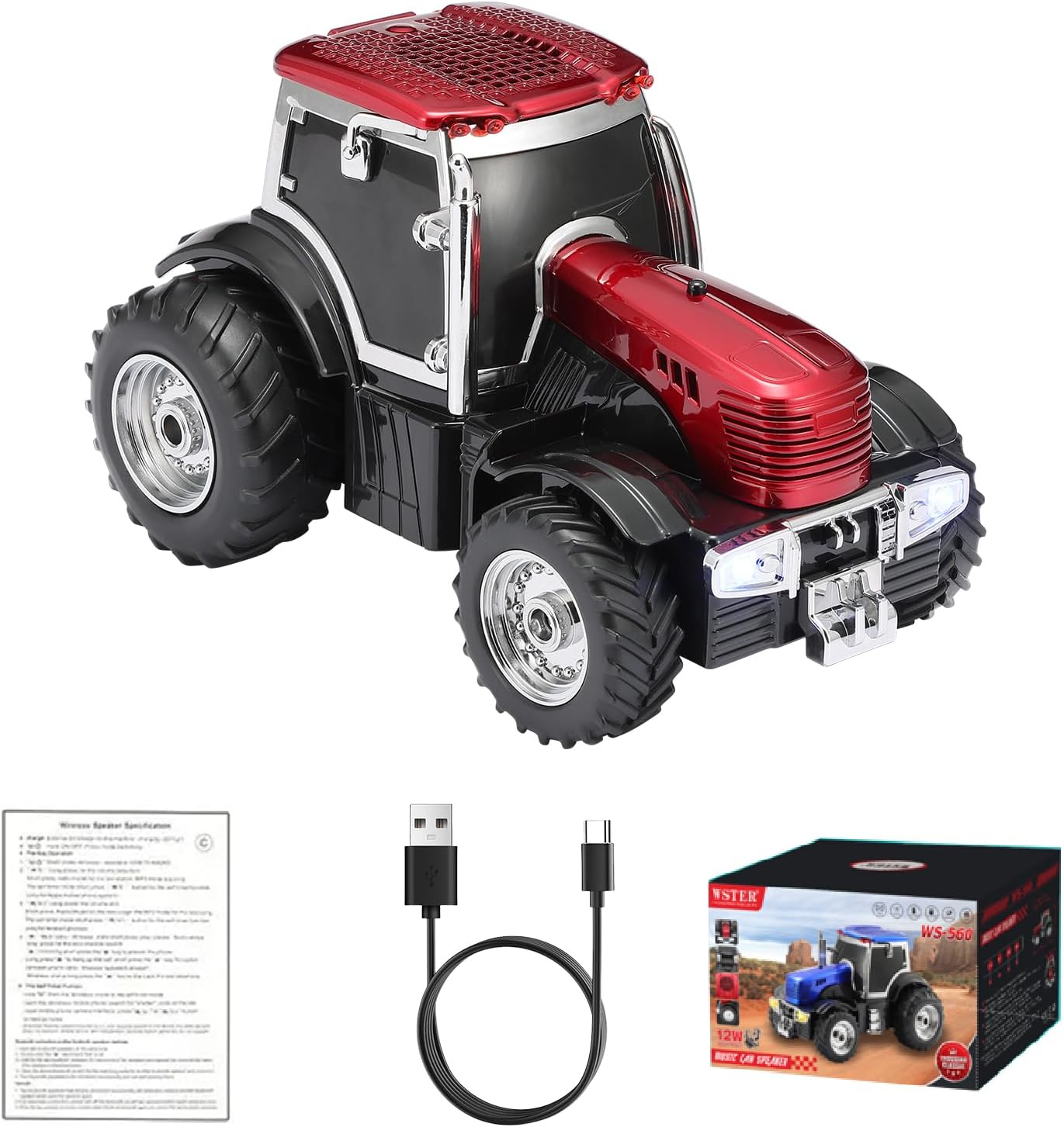WS-560 Modern Tractor Bluetooth Replica Speaker – Portable Wireless Speaker with HD Sound, TWS, LED Party Light, USB/TF, FM, Built-in Microphone, Surprise Gift (Red) ( 1103709) (MSRP $49.99)