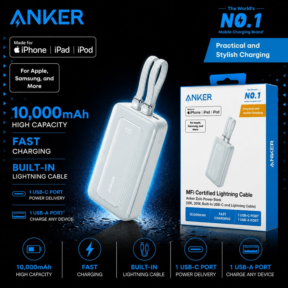 Anker 10000mAh 30W Power Bank with Built In USB C and Lightning Cable - BLUE ( 1108168) (MSRP $69.99)