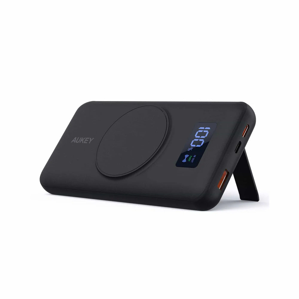 AUKEY Portable 10000mAh Power Bank, 20W PD 3.0 USB C, 10W Qi Wireless Charger with Foldable Stand - Black (1102782)