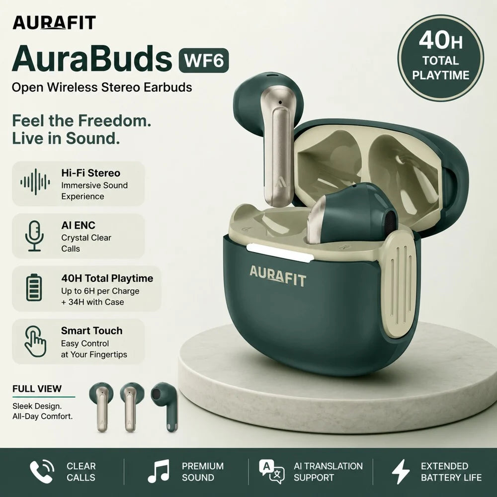 AuraBuds Wireless TWS Earbuds with AI Translation Support, premium audio performance, Bluetooth connectivity, and compact charging case. Color: Green (1107918) (MSRP $69.99)