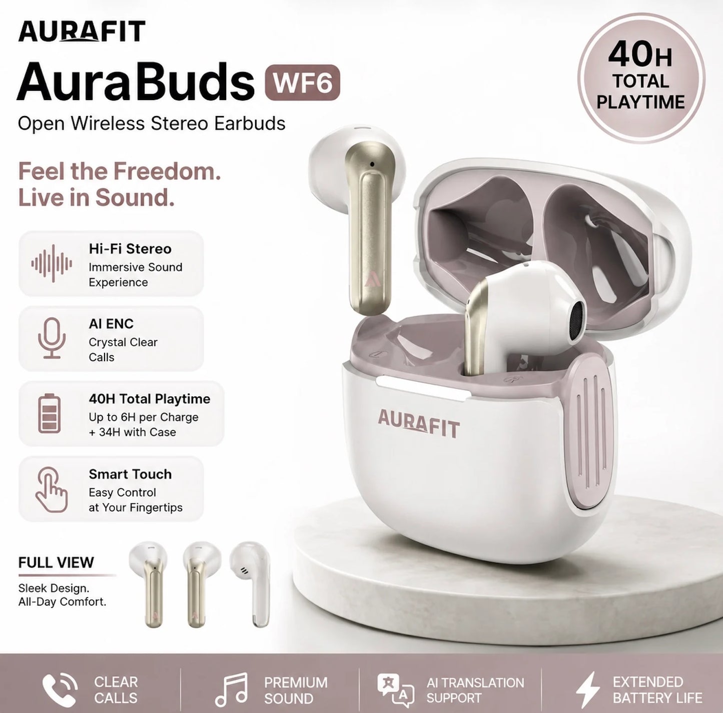 AuraBuds Wireless TWS Earbuds with AI Translation Support, premium audio performance, Bluetooth connectivity, and compact charging case. Color: Grayish white(1107918) (MSRP $69.99) (Copy)