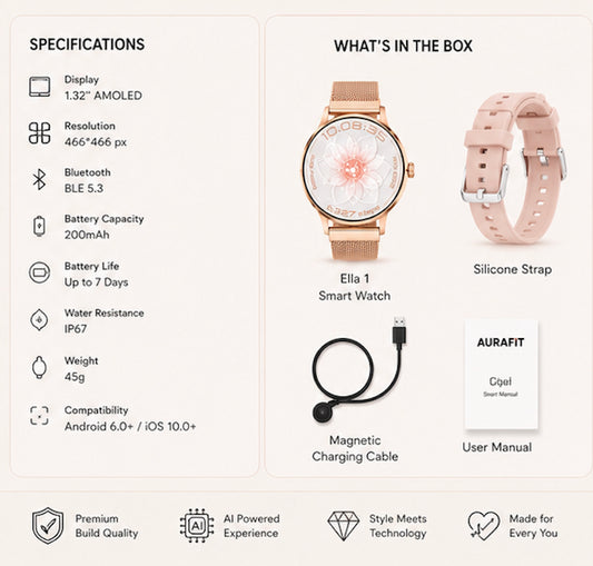 AuraFit Women's Smart Watch featuring AMOLED Display, Premium Zinc Alloy Casing, AI Watch Faces, Slim Fashion Design. Stylish premium design built for everyday wear. Color: Rose Gold (1107924) (MSRP $99.99)