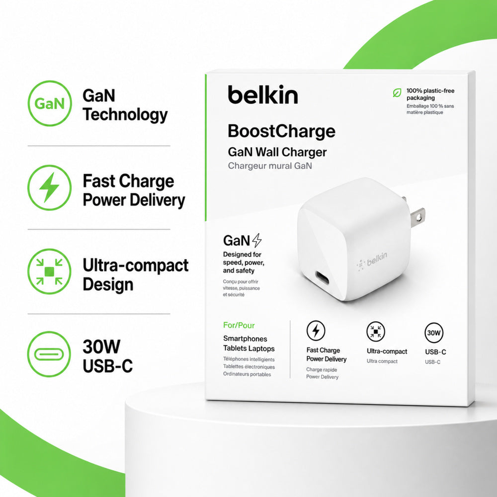 BELKIN 30W GAN ULTRA COMPACT FAST CHARGER - WHITE ( 1107994) (MSRP $59.99)