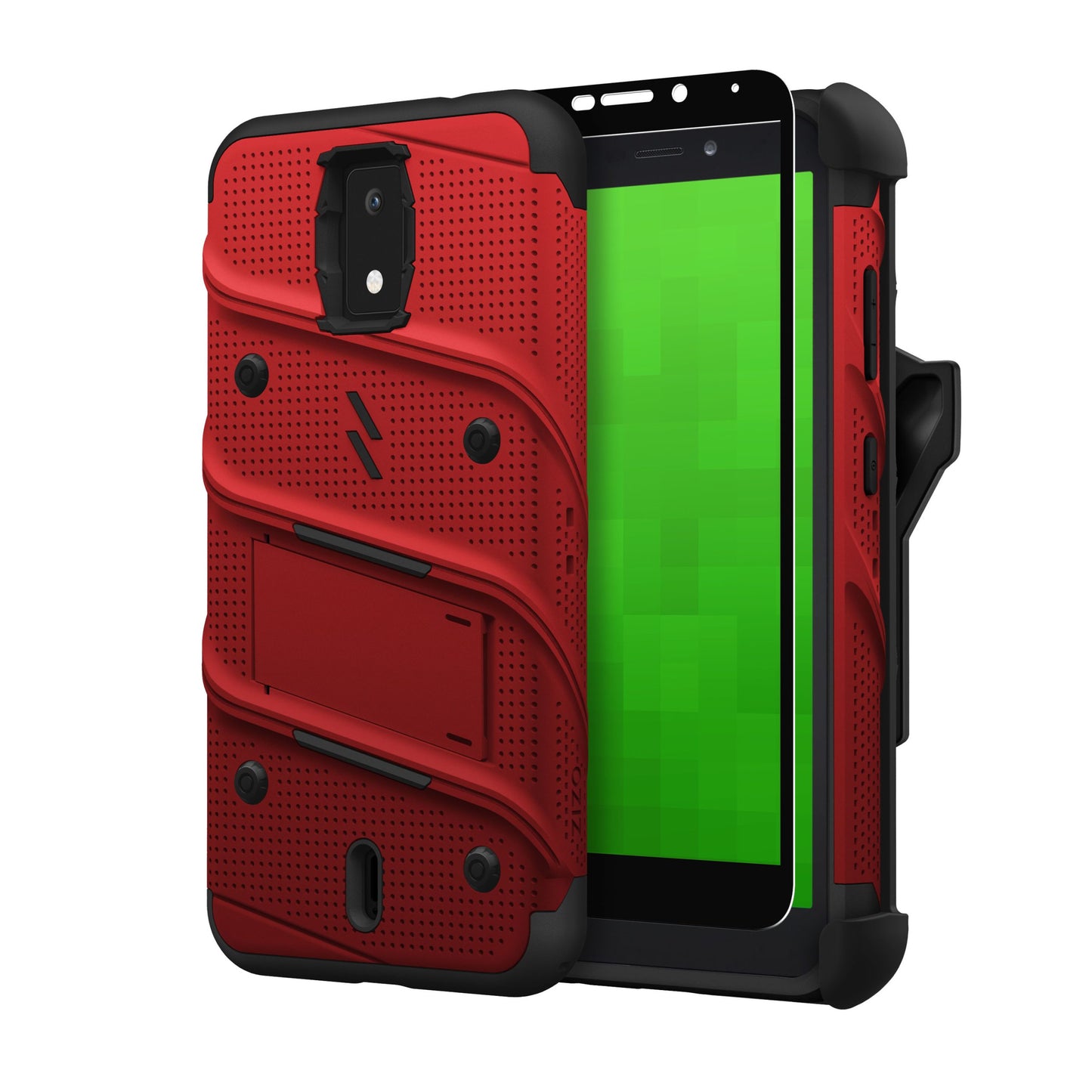 CRICKET DEBUT 4G LTE ZIZO BOLT BUNDLE CASE WITH TEMPERED GLASS - RED (1102236)