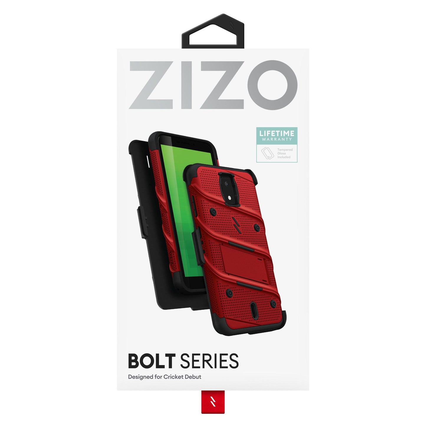 CRICKET DEBUT 4G LTE ZIZO BOLT BUNDLE CASE WITH TEMPERED GLASS - RED (1102236)