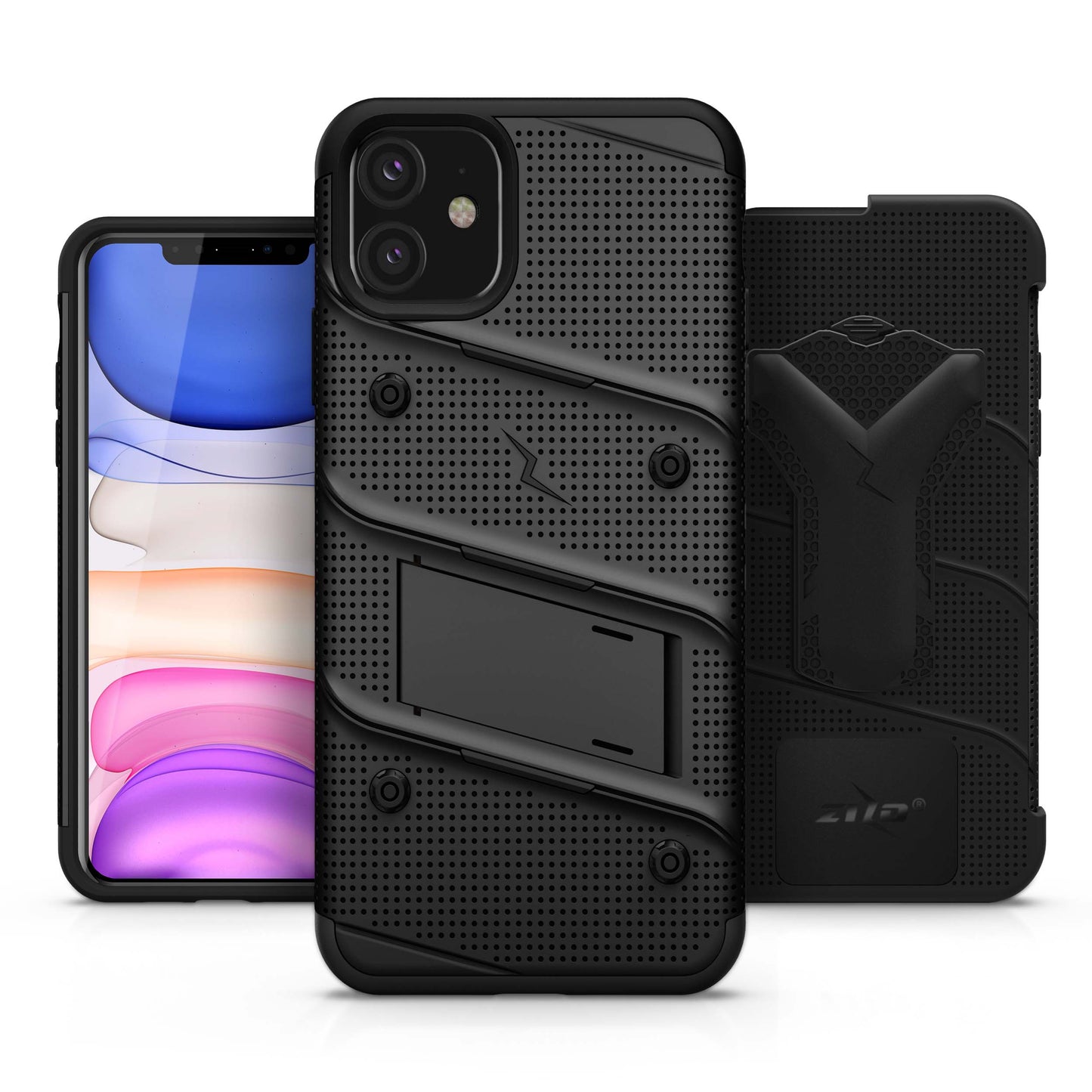 APPLE iPHONE 11 ZIZO BOLT SERIES CASE - BUILT-IN KICKSTAND BELT HOLSTER AND TEMPERED GLASS SCREEN PROTECTOR - BLACK (1105234)