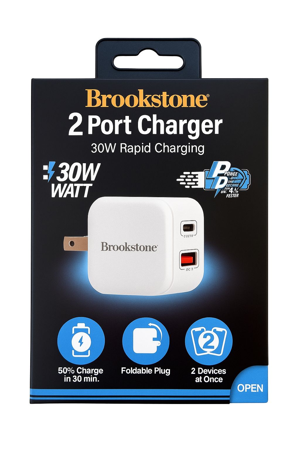 BROOKSTONE 2 PORT CHARGER - 30W RAPID CHARGING - 50% CHARGE IN 30 MIN - FOLDABLE PLUG - 2 DEVICES AT TIME - BK11-2P30F-WT - WHITE ( 1103727) (MSRP $39.99)