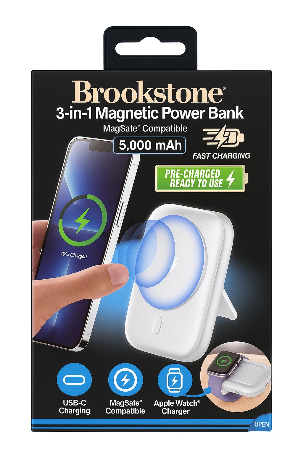 Brookstone 3-in-1 MagSafe Wireless Power Bank with Stand & Apple Watch Charging Feature - 5000 MAH- MAGSAFE COMPATIBLE - USB-CHARGING - BUILT IN KICKSTAND - WHITE ( 1103544) (MSRP $59.99)