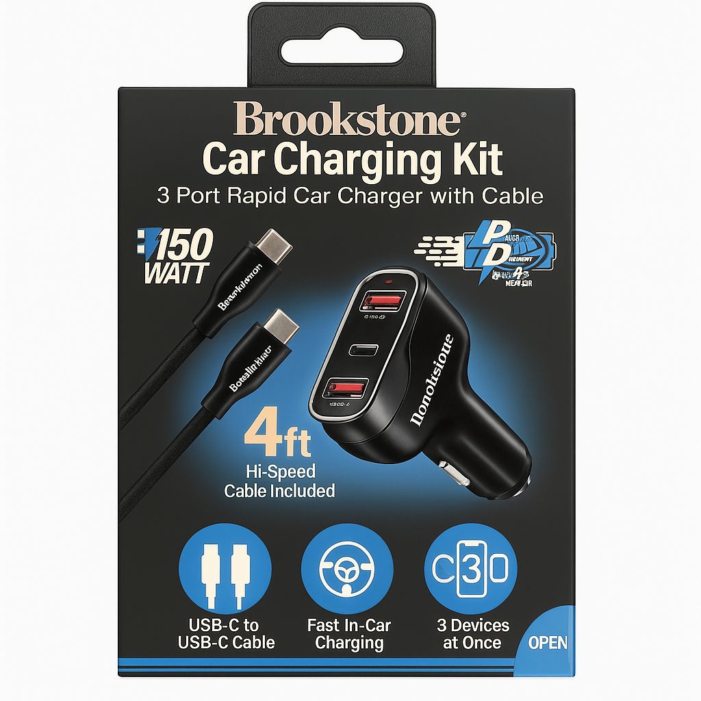 BROOKSTONE 3 PORT 50W CAR CHARING KIT WITH 4FT C-C CABLE - 3 DEVICES AT ONCE - 1 30W C-C AND 2 USB OUTPUT - BK12-K3P50-BKS - BLACK/SILVER ( 1103628) (MSRP $59.99)