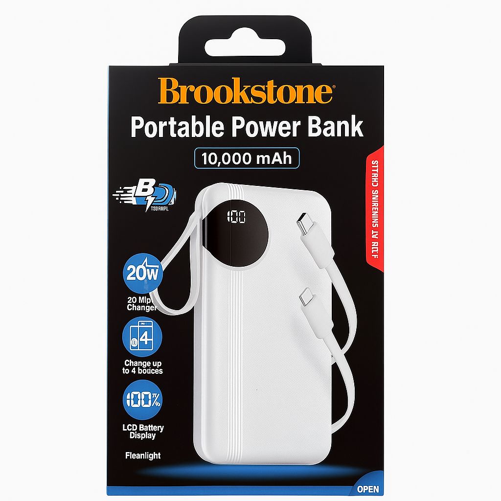 BROOKSTONE PORTABLE POWER BANK 10,000 MAH - 20WATT- CHARGE 4 DEVICES - LCD BATTERY DISPLAY - FLASHLIGHT - 2 BUILT IN CHARGING CABLES - WHITE ( 1103545) (MSRP $59.99)