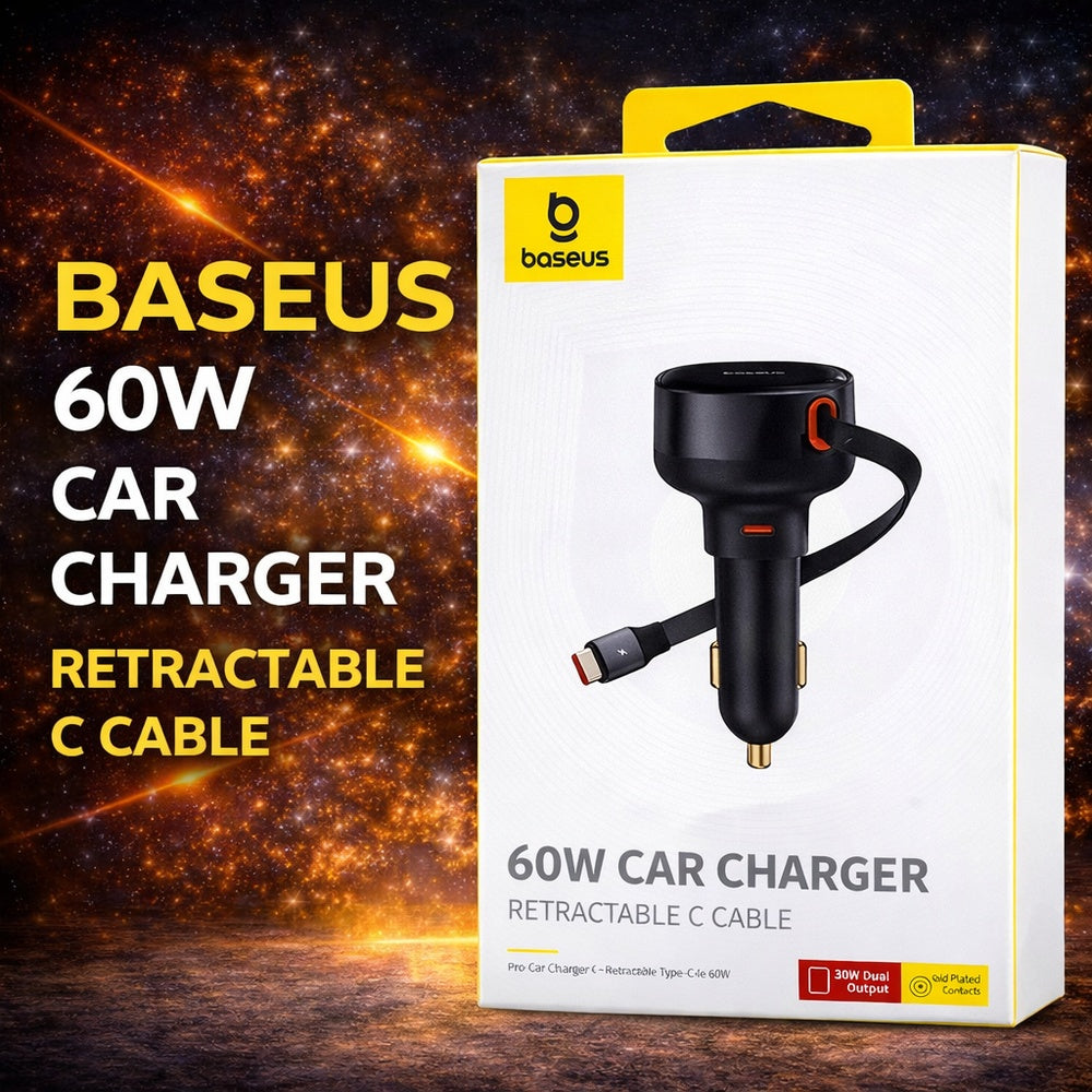 BASEUS RETRACTABLE CAR CHARGER 60W WITH C CABLE - BLACK ( 1107714) (MSRP $49.99)