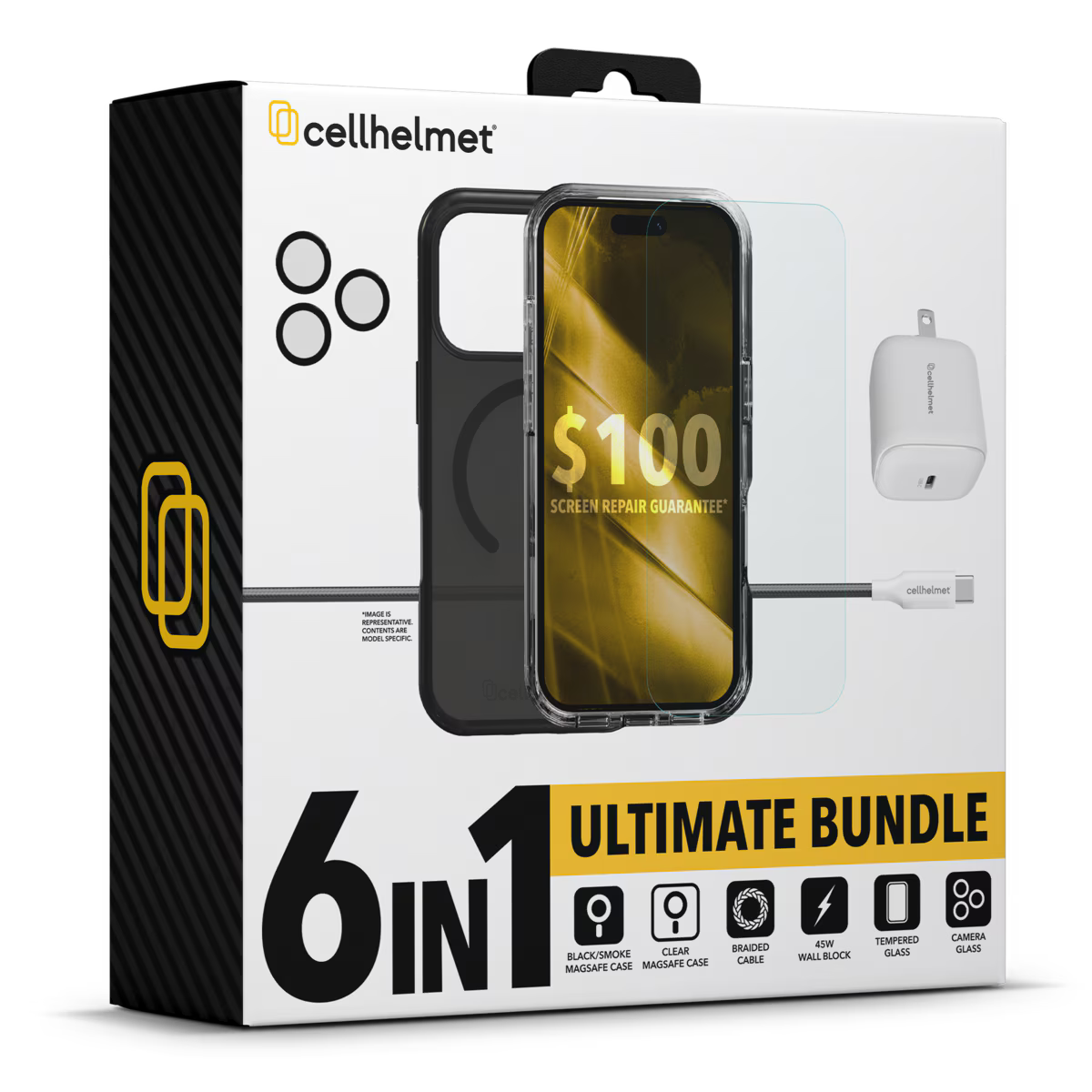 Cellhelmet 6 Pack Bundle - iPhone 17 Pro Max - Black & Clear Case, Tempered Glass $100, Camera Glass, 40 Watt PD Block, 6' Braided C-C Cable (1108123) (MSRP $159.99)