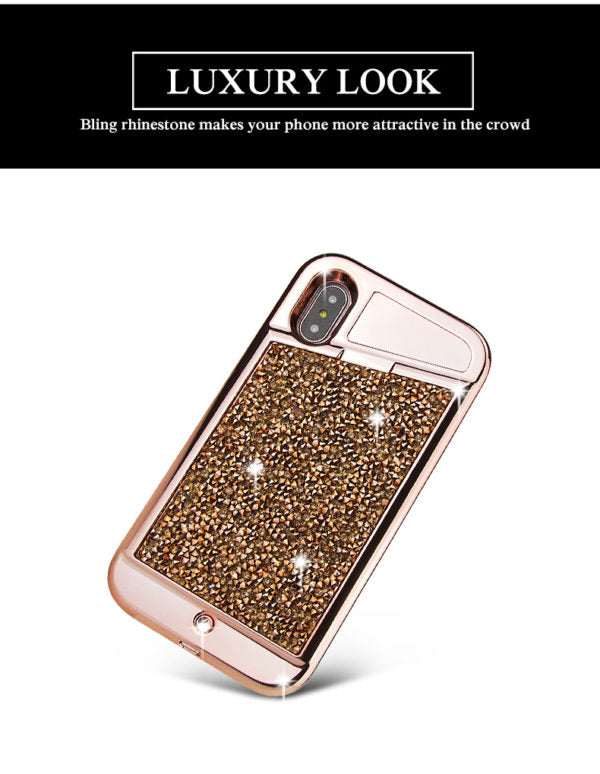 iPhone X/Xs LED Light Case Diamond Bling Rhinestone Hybrid TPU Hard PC Back Cover - Rose Gold (673)