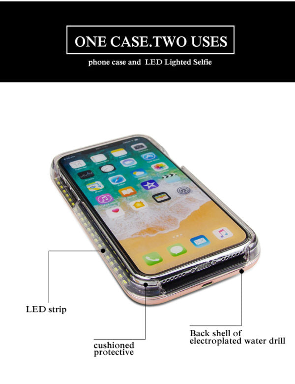 iPhone X/Xs LED Light Case Diamond Bling Rhinestone Hybrid TPU Hard PC Back Cover - Pink (671)