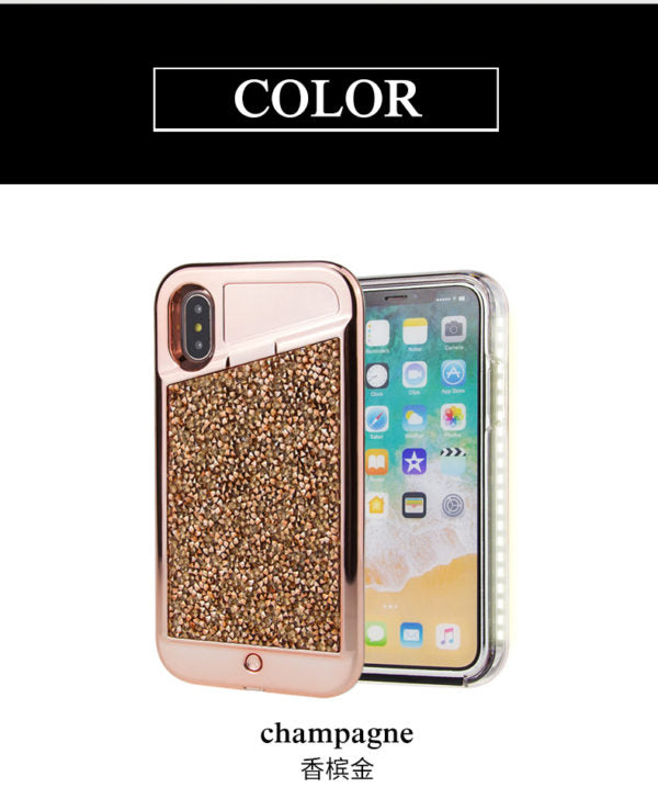 iPhone X/Xs LED Light Case Diamond Bling Rhinestone Hybrid TPU Hard PC Back Cover - Rose Gold (673)