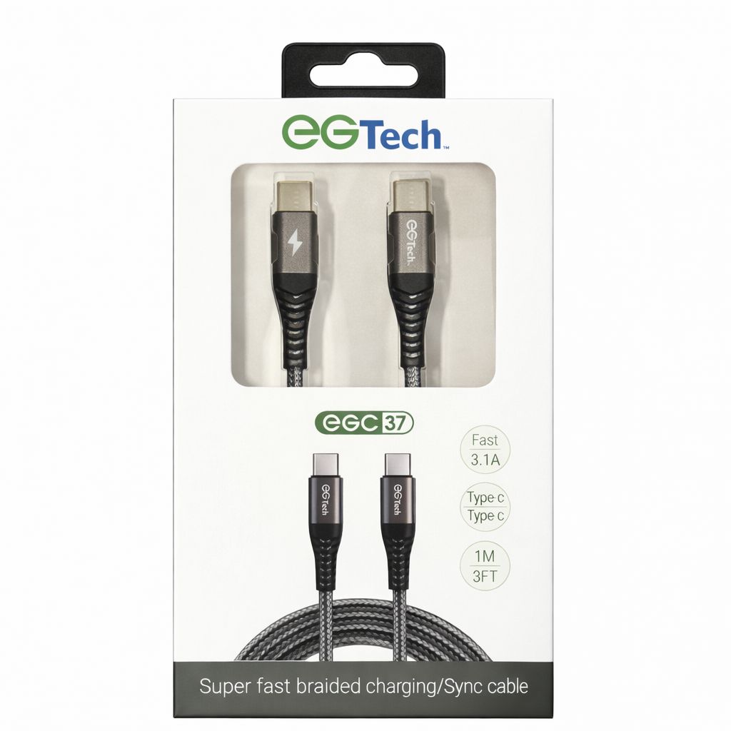 EG Tech 3.1A Super Fast Braided 3 Foot USB Type C to Type C Cable ( 1107694) (MSRP $39.99)