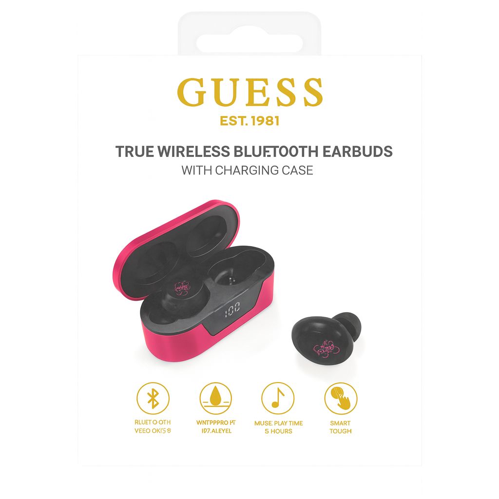GUESS - TRUE WIRELESS EARPHONES TOUCH CONTROL + LED CHARGE INDICATOR- BT5.0 / 4-5H CALL & MUSIC TIME -DC 5V/400mAh – MAGENTA ( 1103626) (MSRP $69.99)