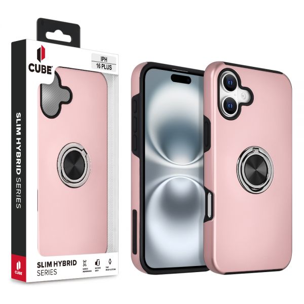 Cube® - Apple iPhone 16 Plus (6.7) - Rose Gold Hard Back Cover PC with Black Soft TPU with Adjustable Rotating Ring Stand Car Magnetic Bracket in Cube Retail Box ( 1103501) (MSRP $39.99)