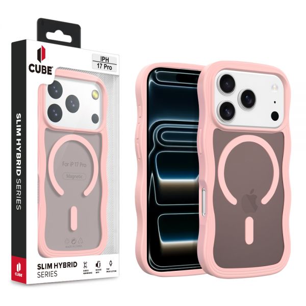 Cube-Apple iPhone 17 Pro (6.3)- Pink Translucent Hard Cover with Pink Wave Edge Grip Matte TPU Bumper Compatible with MagSafe Charger in Cube Retail Box (1103260) (MSRP $49.99)