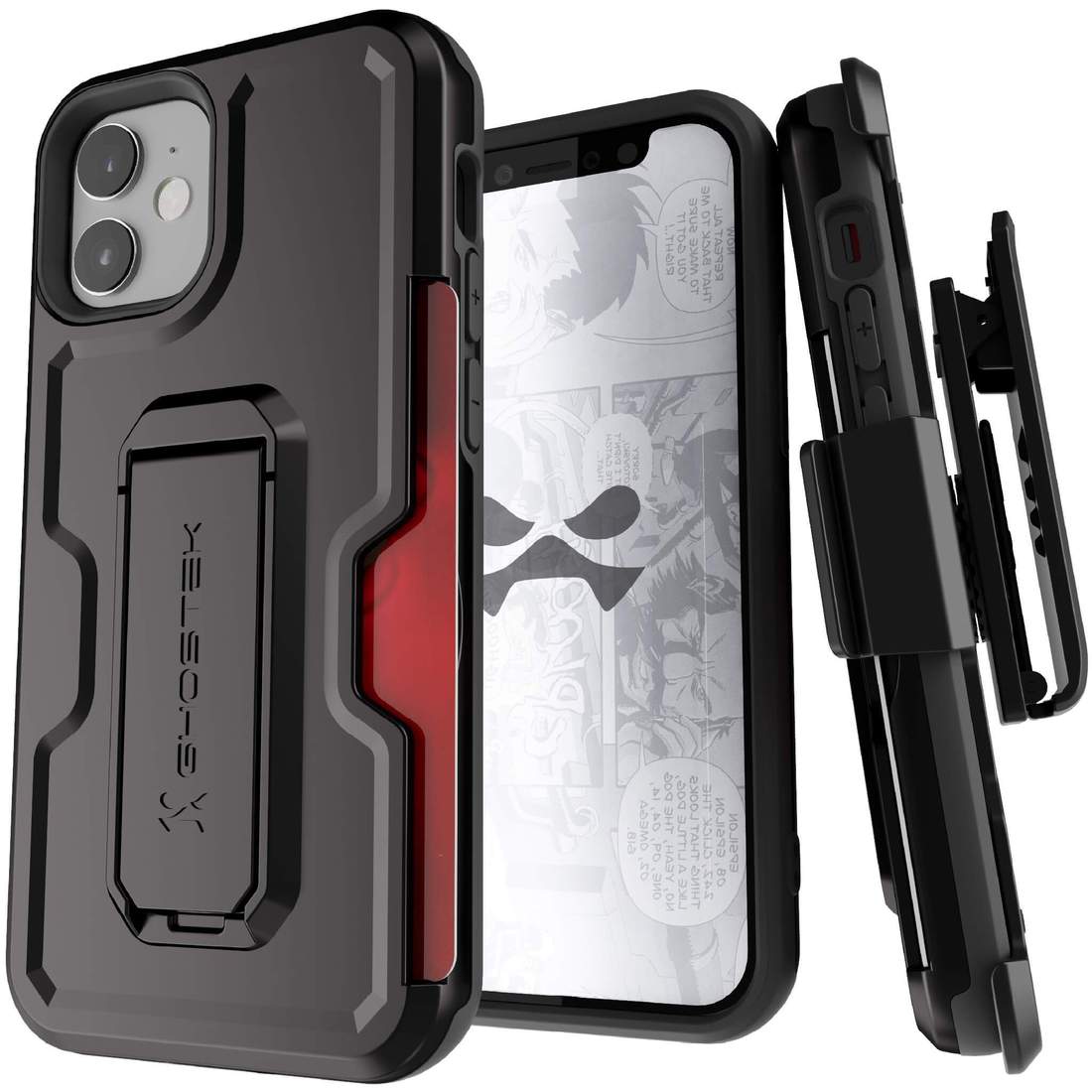 Apple iPhone 12 Mini 5.4 Ghostek Belt Clip Holster Phone Case w/Kickstand and Card Holder - Matte Black (1101719)