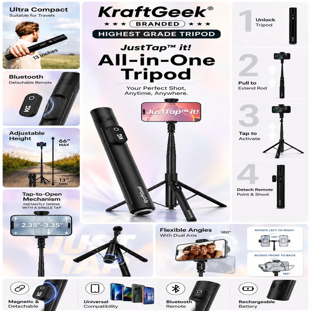 KraftGeek JustTap Phone Tripod for iPhone Auto Open Selfie Stick Tripod 66 Inch Cell Phone Tripod Stand Bluetooth Remote Aluminum Alloy Portable Selfie Stick for Travel Vlogging and Video Recording - BLACK (1108105) (MSRP $69.99)