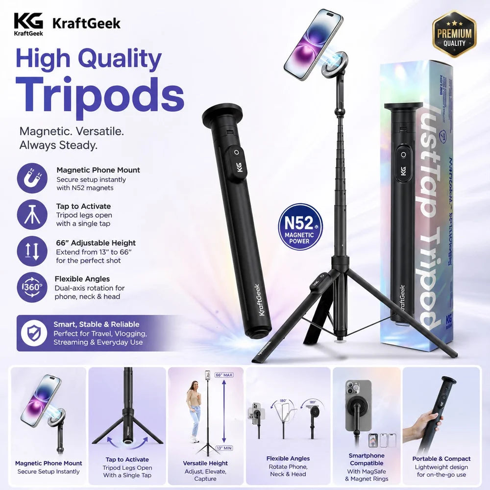 KraftGeek Magnetic Phone Tripod for iPhone JustTap Tripod for MagSafe 66 Inch Auto Open Selfie Stick Tripod N52 Magnetic Mount Portable Phone Tripod Stand for Travel Video Recording and Vlogging - BLACK (1108106) (MSRP $79.99)