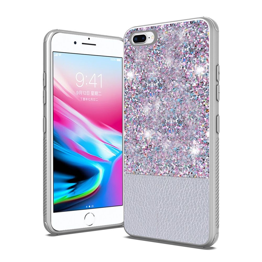 iPhone 8 Plus/7 Plus/6 Plus PU Leather Glitter Hybrid with Chrome TPU - Silver (4731)