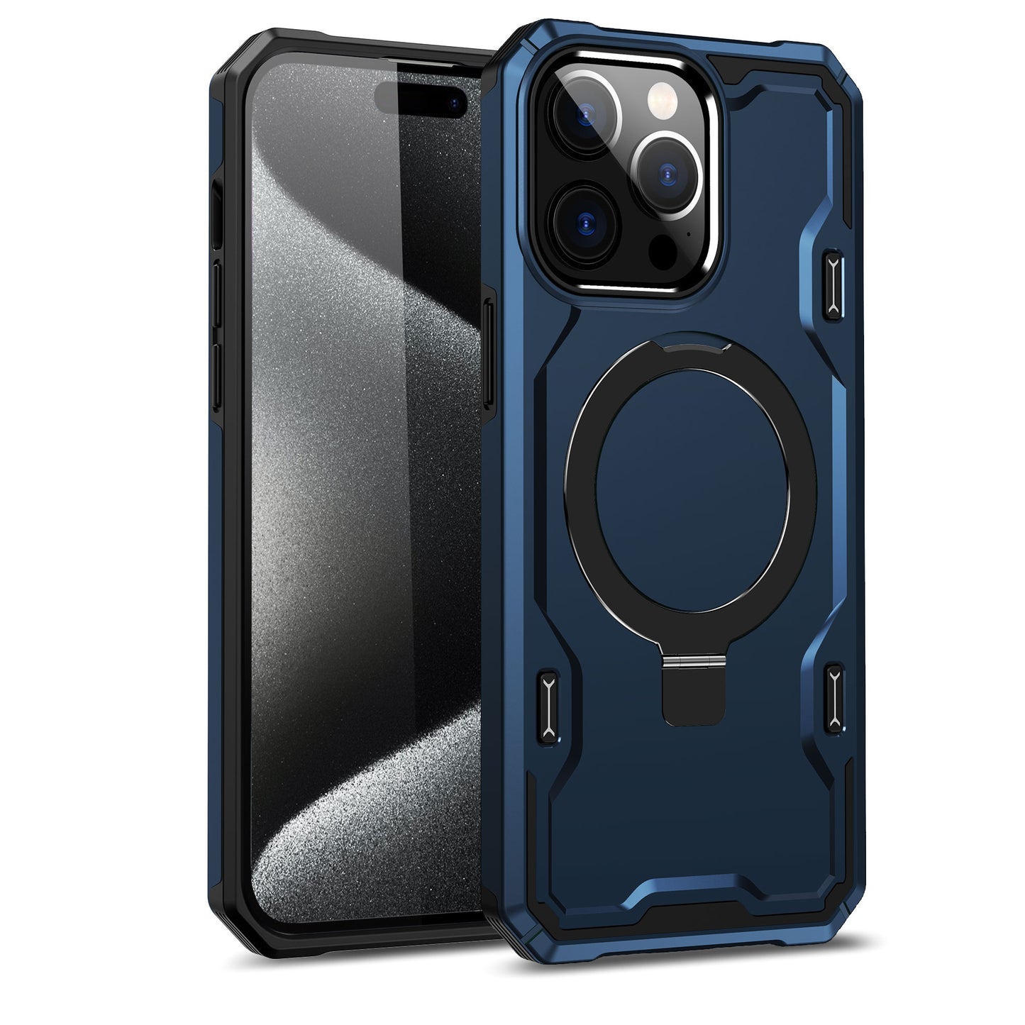 iPhone 15 Pro Magnetic Ring Stand Simplistic Tough Hybrid Case Cover - Blue (1106186)