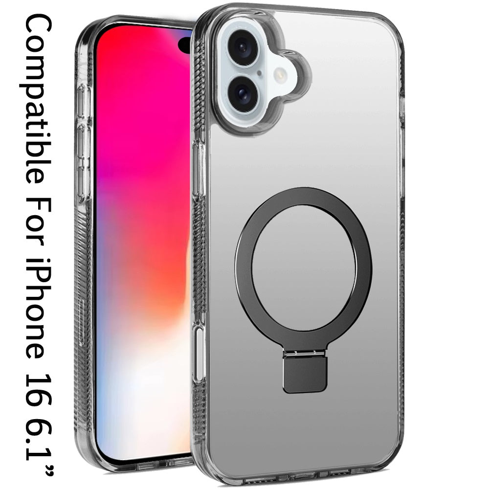 iPhone 16 6.1 inch Dotted Edged Line Transparent HQ Magnetic Ring Stand Hybrid - Black (1107218)