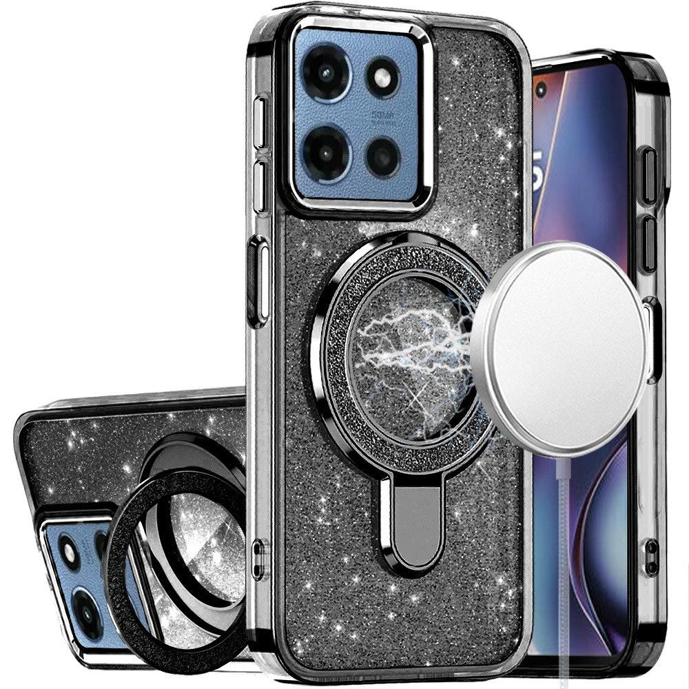 Moto G 5G 2025/2026 - G Play 2026 - Transparent Glitter Rotaional Magnetic Ring Stand HQ Hybrid - Black (1107548) (MSRP 59.99)