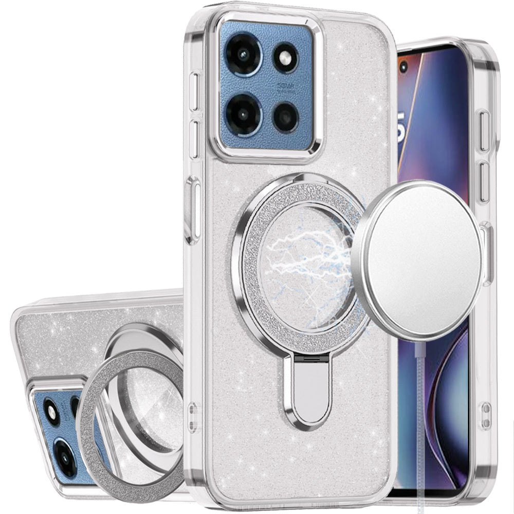 Motorola Moto G 5G 2025 Transparent Glitter Rotaional Magnetic Ring Stand HQ Hybrid - Clear ( 1103616) (MSRP $59.99)
