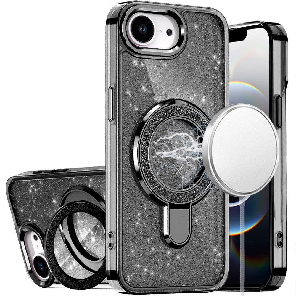 iPhone 17E / 16E / SE4 Transparent Glitter Rotaional Magnetic Ring Stand HQ Hybrid - Black ( 1107780) (MSRP $69.99)