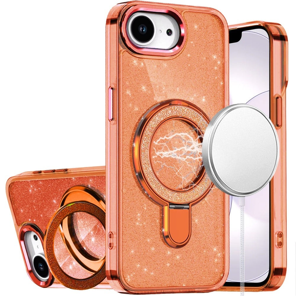 iPhone 17E /16E Transparent Glitter Rotaional Magnetic Ring Stand HQ Hybrid - Cosmic Orange ( 1107738) (MSRP $49.99)
