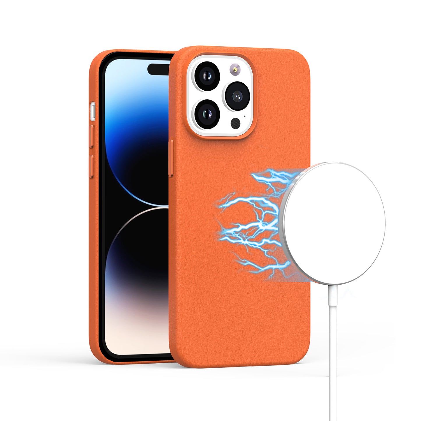 Apple iPhone 11 (XI6.1) MagSafe Compatible Original Invisible Circle Premium PU Leather Case With Colored Metal Buttons - Orange (1105728)