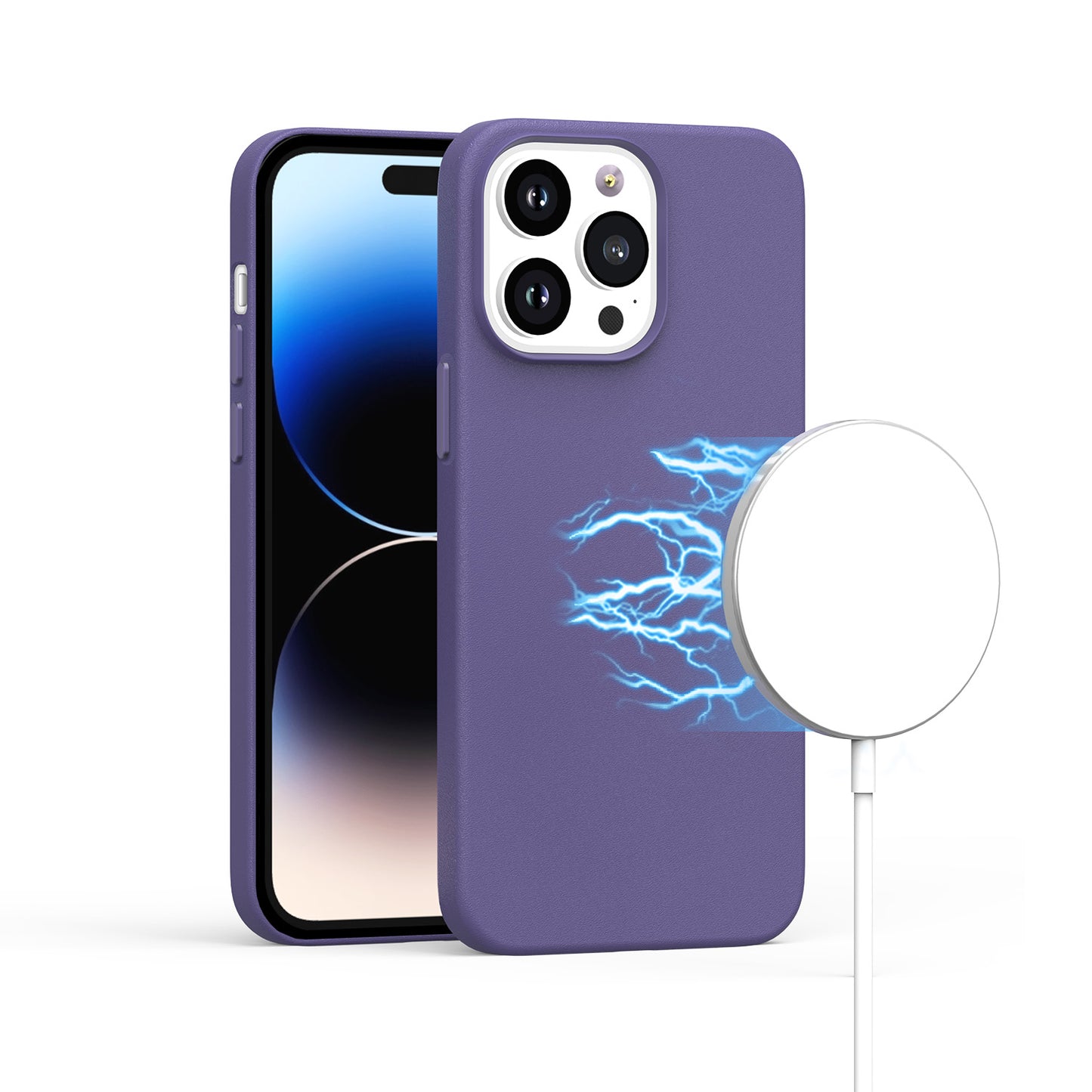 Apple iPhone 14 PRO MAX 6.7" MagSafe Compatible Original Invisible Circle Premium PU Leather Case With Colored Metal Buttons - Wisteria (1105465)