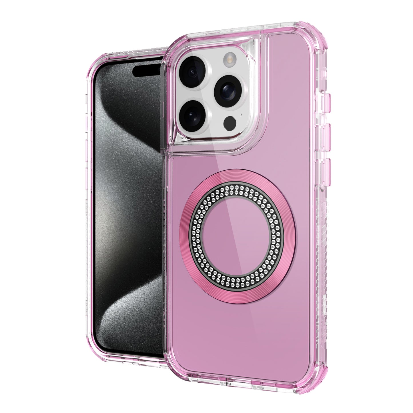iPhone 12 & iPhone 12 Pro Magnetic Ring Circle Bling Chrome 3in1 Hybrid Case - Pink (1107688)