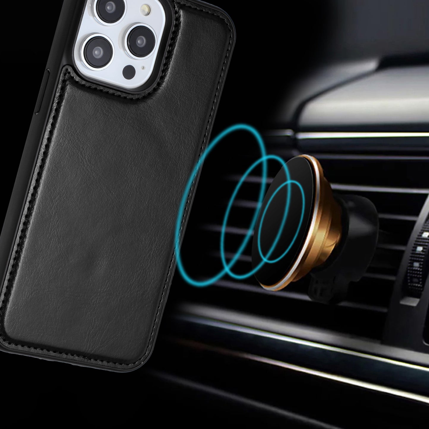 iPhone 15 Pro Magnetic Ring Compatible Deattachable PU Leather Hybrid Wallet Money Card Holder with Lanyard - Black (1106191)