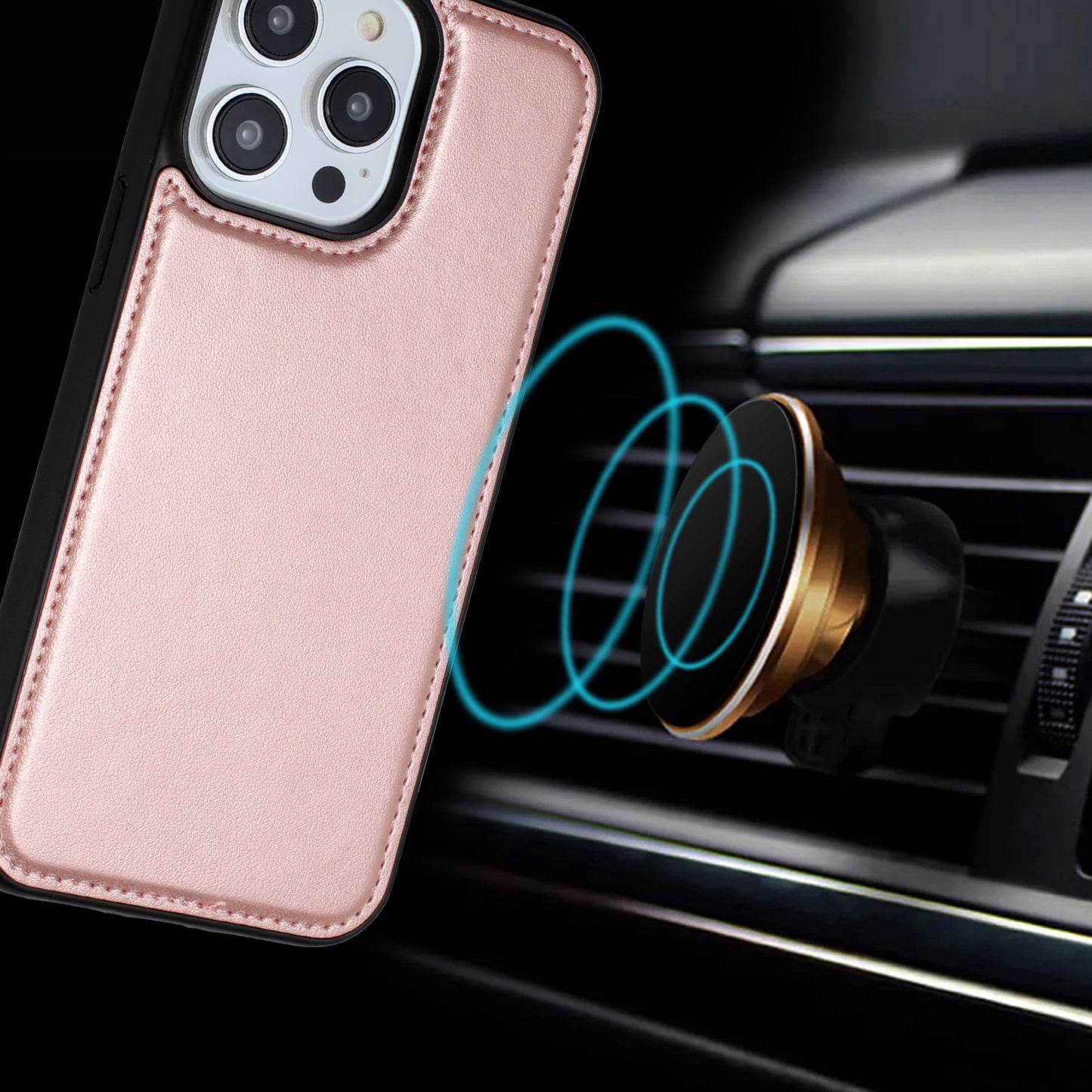 iPhone 15 Pro Magnetic Ring Compatible Deattachable PU Leather Hybrid Wallet Money Card Holder with Lanyard - Rose Gold (1106192)