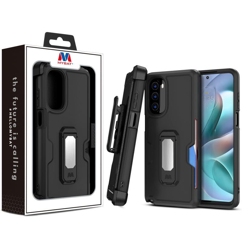 Motorola Moto G Stylus 5G (2022) MyBat Grip Stand Protector Case Combo (with Black Holster & Card Wallet) - Black (1103931)