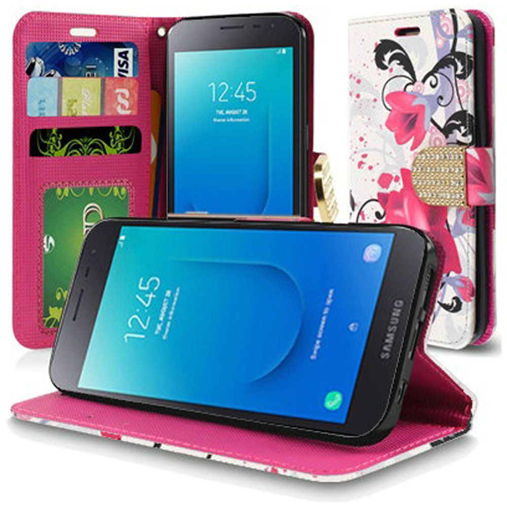 Samsung J2, J2 Pure Bling Flip Credit Card Design Wallet - Purple Lily (896)