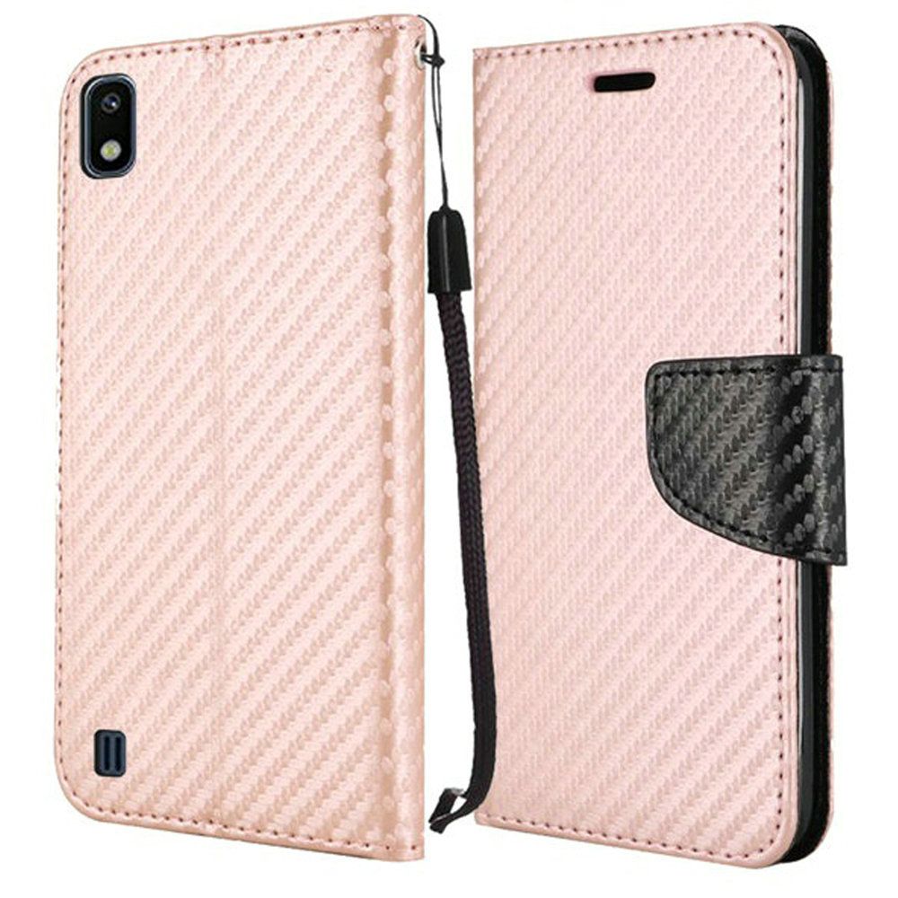 Samsung Galaxy A10e Wallet Flip Case Textured Carbon Fiber - Rose Gold (79)