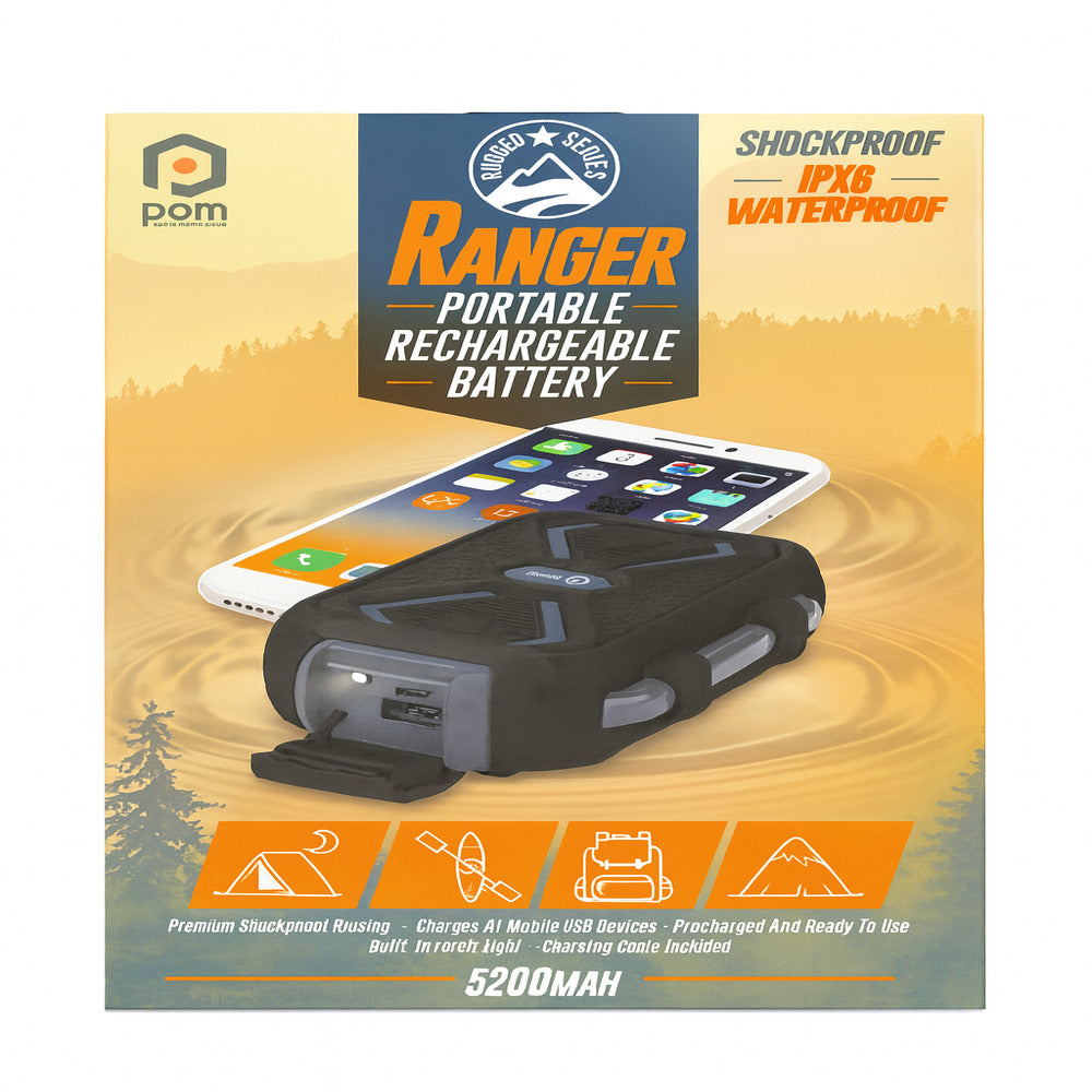 POM Gear Ranger 5200 Mah IPX Rated Waterproof Powerbank with Torch Light - Black ( 1103518) (MSRP $99.99)